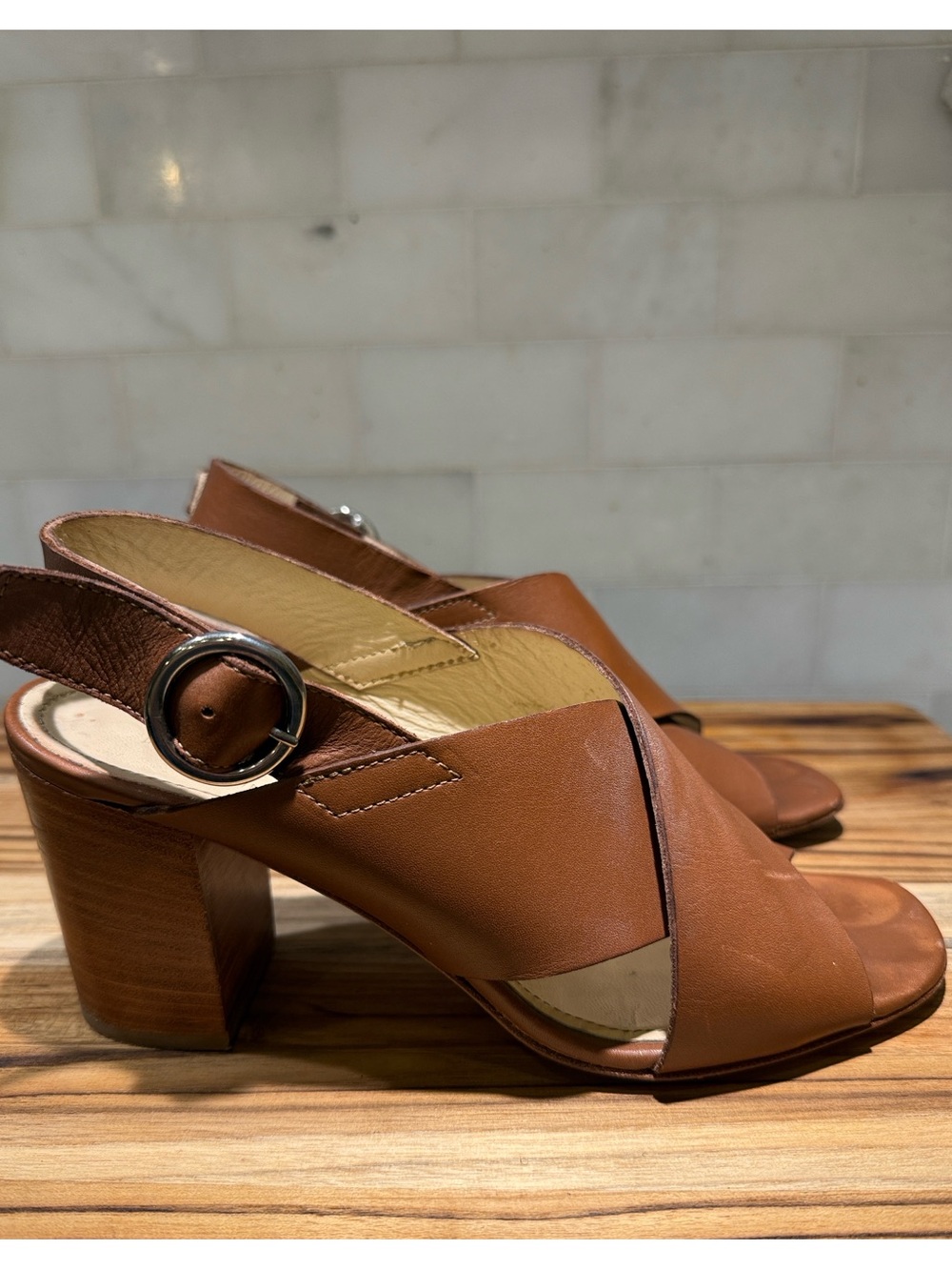 Napoleoni Women's Brown Leather Block Heel Slingback Sandals